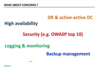 WHAT ABOUT CONCERNS ?
High availability
DR & active-active DC
Security (e.g. OWASP top 10)
Logging & monitoring
Backup management
…
 