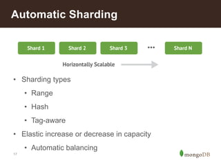 Automatic Sharding 
• Sharding types 
17 
• Range 
• Hash 
• Tag-aware 
• Elastic increase or decrease in capacity 
• Automatic balancing 
 
