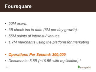Foursquare 
• 50M users. 
• 6B check-ins to date (6M per day growth). 
• 55M points of interest / venues. 
• 1.7M merchants using the platform for marketing 
• Operations Per Second: 300,000 
• Documents: 5.5B (~16.5B with replication).* 
29 
 