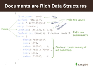 Documents are Rich Data Structures 
7 
{ 
first_name: ‘Paul’, 
surname: ‘Miller’, 
cell: ‘+447557505611’ 
city: ‘London’, 
location: [45.123,47.232], 
Profession: [banking, finance, trader], 
cars: [ 
{ model: ‘Bentley’, 
year: 1973, 
value: 100000, … }, 
{ model: ‘Rolls Royce’, 
year: 1965, 
value: 330000, … } 
} 
} 
Fields can contain an array of 
sub-documents 
Fields 
Typed field values 
Fields can 
contain arrays 
 