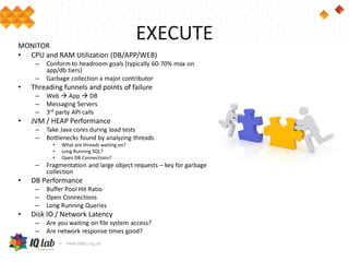 EXECUTEMONITOR
• CPU and RAM Utilization (DB/APP/WEB)
– Conform to headroom goals (typically 60-70% max on
app/db tiers)
– Garbage collection a major contributor
• Threading funnels and points of failure
– Web  App  DB
– Messaging Servers
– 3rd party API calls
• JVM / HEAP Performance
– Take Java cores during load tests
– Bottlenecks found by analyzing threads
• What are threads waiting on?
• Long Running SQL?
• Open DB Connections?
– Fragmentation and large object requests – key for garbage
collection
• DB Performance
– Buffer Pool Hit Ratio
– Open Connections
– Long Running Queries
• Disk IO / Network Latency
– Are you waiting on file system access?
– Are network response times good?
 