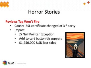 Horror Stories
Reviews Tag Won’t Fire
• Cause: SSL certificate changed at 3rd party
• Impact
• JS Null Pointer Exception
• Add to cart button disappears
• $1,250,000 USD lost sales
 