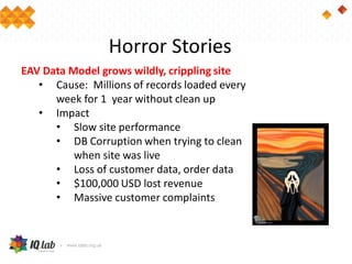 Horror Stories
EAV Data Model grows wildly, crippling site
• Cause: Millions of records loaded every
week for 1 year without clean up
• Impact
• Slow site performance
• DB Corruption when trying to clean
when site was live
• Loss of customer data, order data
• $100,000 USD lost revenue
• Massive customer complaints
 