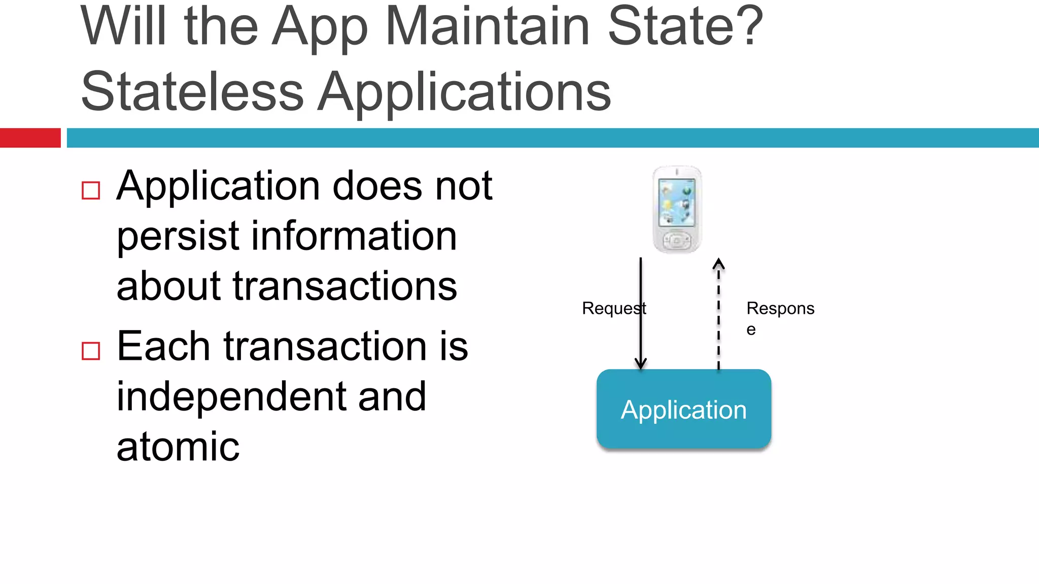 Will the App Maintain State?
Stateless Applications
   Application does not
    persist information
    about transactions     Request       Respons
                                         e
   Each transaction is
    independent and            Application
    atomic
 
