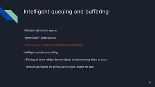 14
Intelligent queuing and buffering
Multiple tasks in the queue
Higher load = larger queue
Larger queue = better optimization opportunities
Intelligent queue processing
– Picking all tasks related to one object and processing them at once
– Process all reports for given user at once. Better hit rate
 