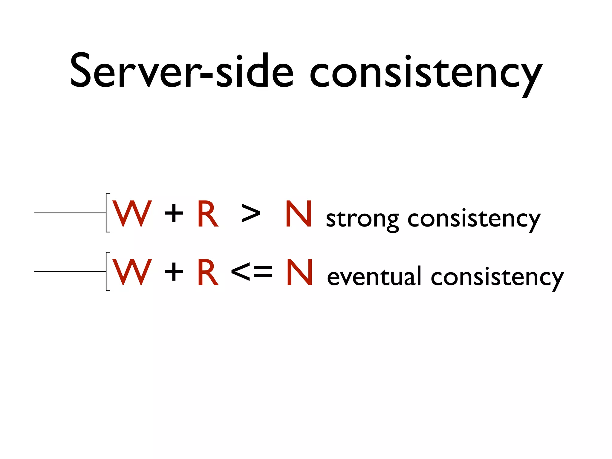 Server-side consistency W + R > N strong consistency W + R <= N eventual consistency 