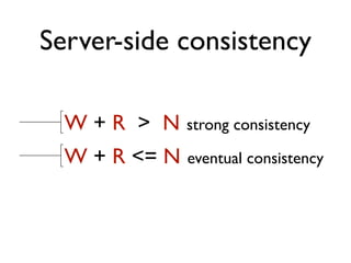 Server-side consistency
W + R > N strong consistency
W + R <= N eventual consistency
 