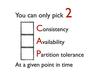 You can only pick 2
Consistency
Availability
Partition tolerance
At a given point in time
 