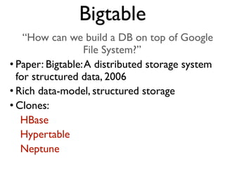“How can we build a DB on top of Google
File System?”
• Paper: Bigtable:A distributed storage system
for structured data, 2006
• Rich data-model, structured storage
• Clones:
HBase
Hypertable
Neptune
Bigtable
 