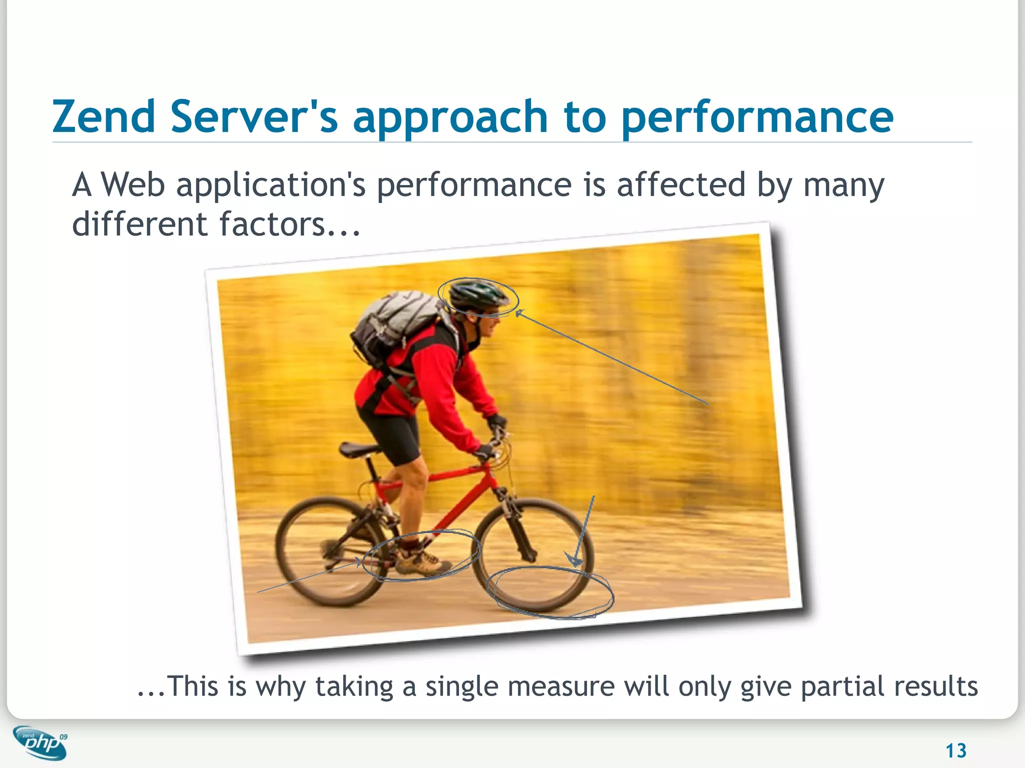 Zend Server's approach to performance
A Web application's performance is affected by many
different factors...




    ...This is why taking a single measure will only give partial results

                                                                      13
 