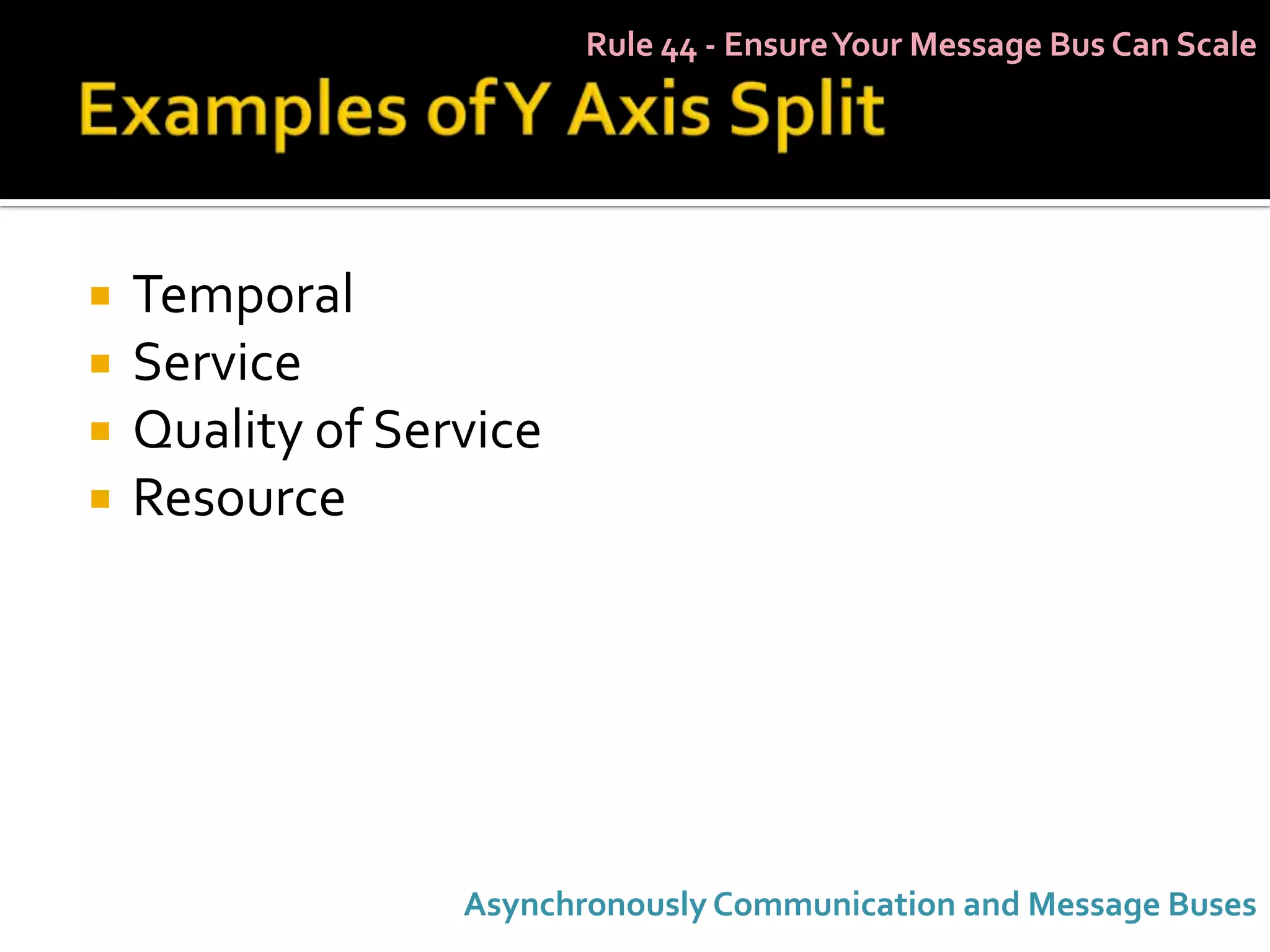 Rule 44 - Ensure Your Message Bus Can Scale




   Temporal
   Service
   Quality of Service
   Resource




                  Asynchronously Communication and Message Buses
 