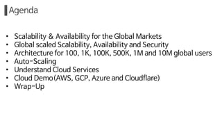 Agenda
• Scalability & Availability for the Global Markets
• Global scaled Scalability, Availability and Security
• Architecture for 100, 1K, 100K, 500K, 1M and 10M global users
• Auto-Scaling
• Understand Cloud Services
• Cloud Demo(AWS, GCP, Azure and Cloudflare)
• Wrap-Up
 