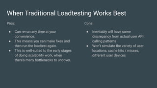 When Traditional Loadtesting Works Best
Pros:
● Can re-run any time at your
convenience.
● This means you can make ﬁxes and
then run the loadtest again.
● This is well-suited to the early stages
of doing scalability work, when
there’s many bottlenecks to uncover.
Cons
● Inevitably will have some
discrepancy from actual user API
calling patterns
● Won’t simulate the variety of user
locations, cache hits / misses,
different user devices
 