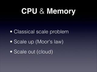 CPU & Memory

• Classical scale problem
• Scale up (Moor's law)
• Scale out (cloud)
 