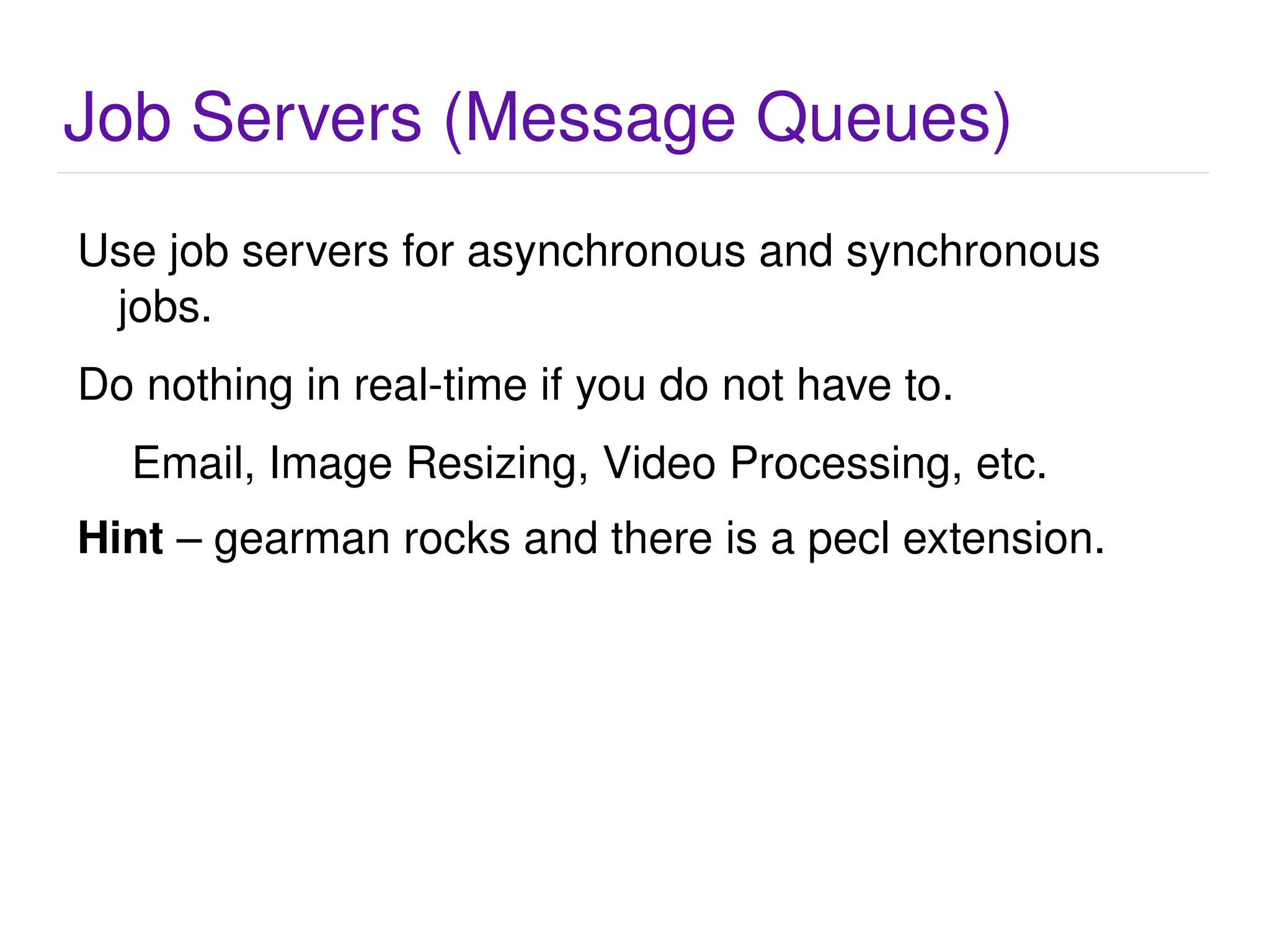 Partitioning Segmenting your Data Vertical Partitioning Move less accessed columns, large data columns and columns not likely in the where to other tables. Horizontal Partitioning Done by moving rows into different tables. Based on Range, Date, User or Interlaced 