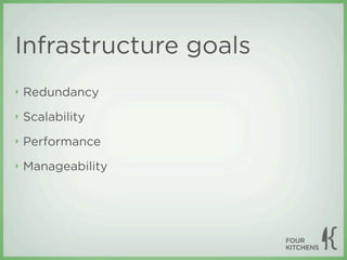Infrastructure goals
‣   Redundancy
‣   Scalability
‣   Performance
‣   Manageability
 