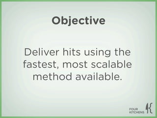 Objective

Deliver hits using the
fastest, most scalable
  method available.
 