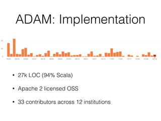 ADAM: Implementation
• 27k LOC (94% Scala)
• Apache 2 licensed OSS
• 33 contributors across 12 institutions
 