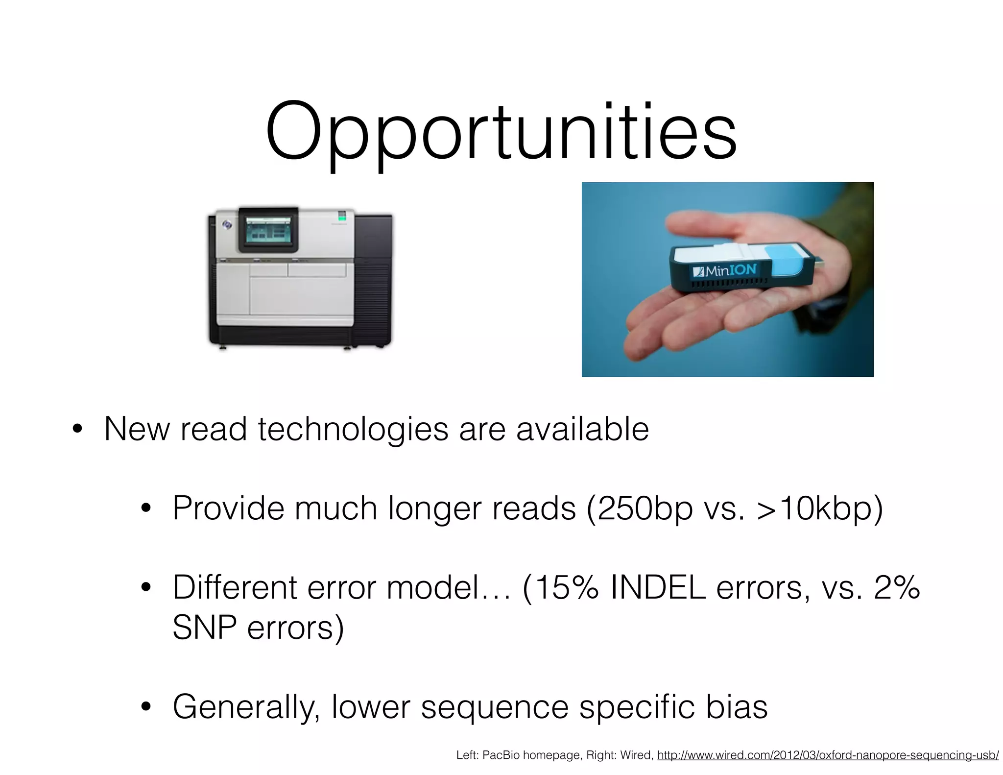 Opportunities 
• New read technologies are available 
• Provide much longer reads (250bp vs. >10kbp) 
• Different error model… (15% INDEL errors, vs. 2% 
SNP errors) 
• Generally, lower sequence specific bias 
Left: PacBio homepage, Right: Wired, http://www.wired.com/2012/03/oxford-nanopore-sequencing-usb/ 
 