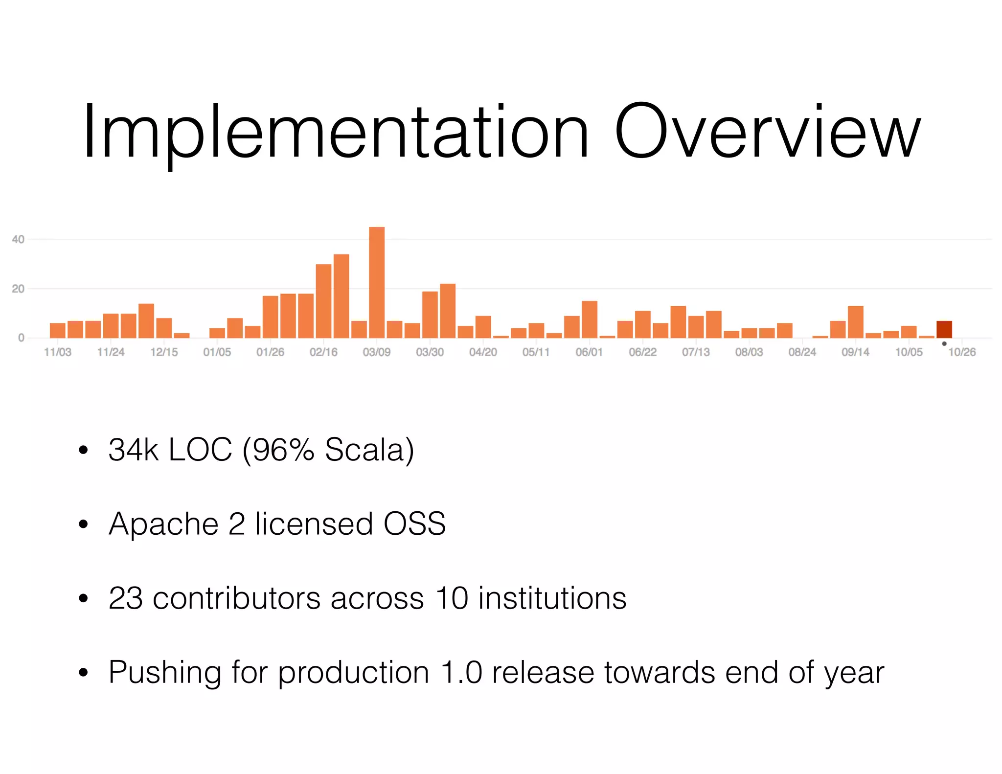 Implementation Overview 
• 34k LOC (96% Scala) 
• Apache 2 licensed OSS 
• 23 contributors across 10 institutions 
• Pushing for production 1.0 release towards end of year 
 