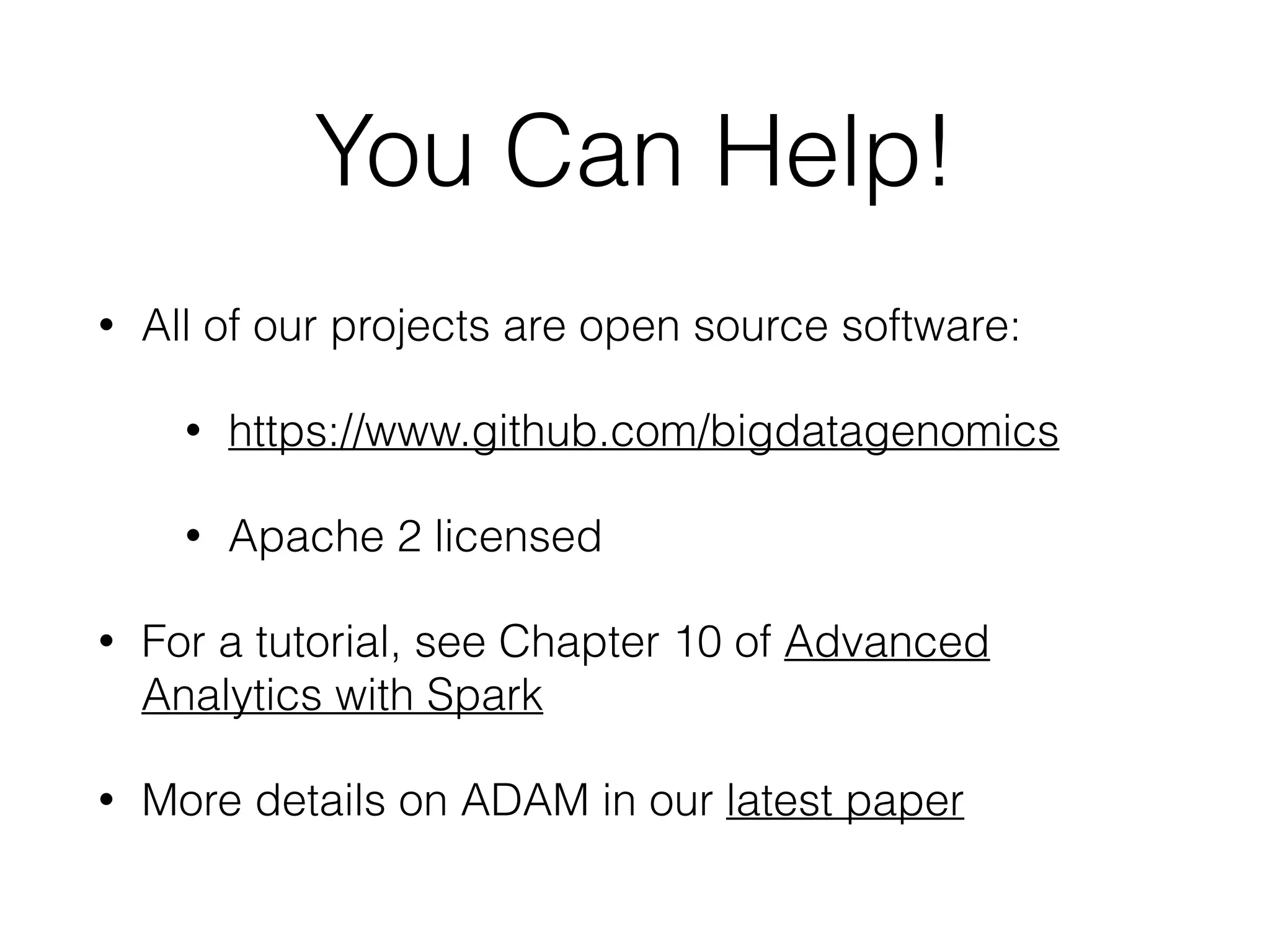 How do we link
variants to traits?
• Statistical modeling!
• We may use a simple model (e.g., a 𝛘2 test)
• Or, we may use a more complex model (e.g., linear
regression)
• This is known as a genotype-to-phenotype
association test
• Most of these tests can be expressed as aggregation
functions —> i.e., a reduction. This maps well to Spark!
 