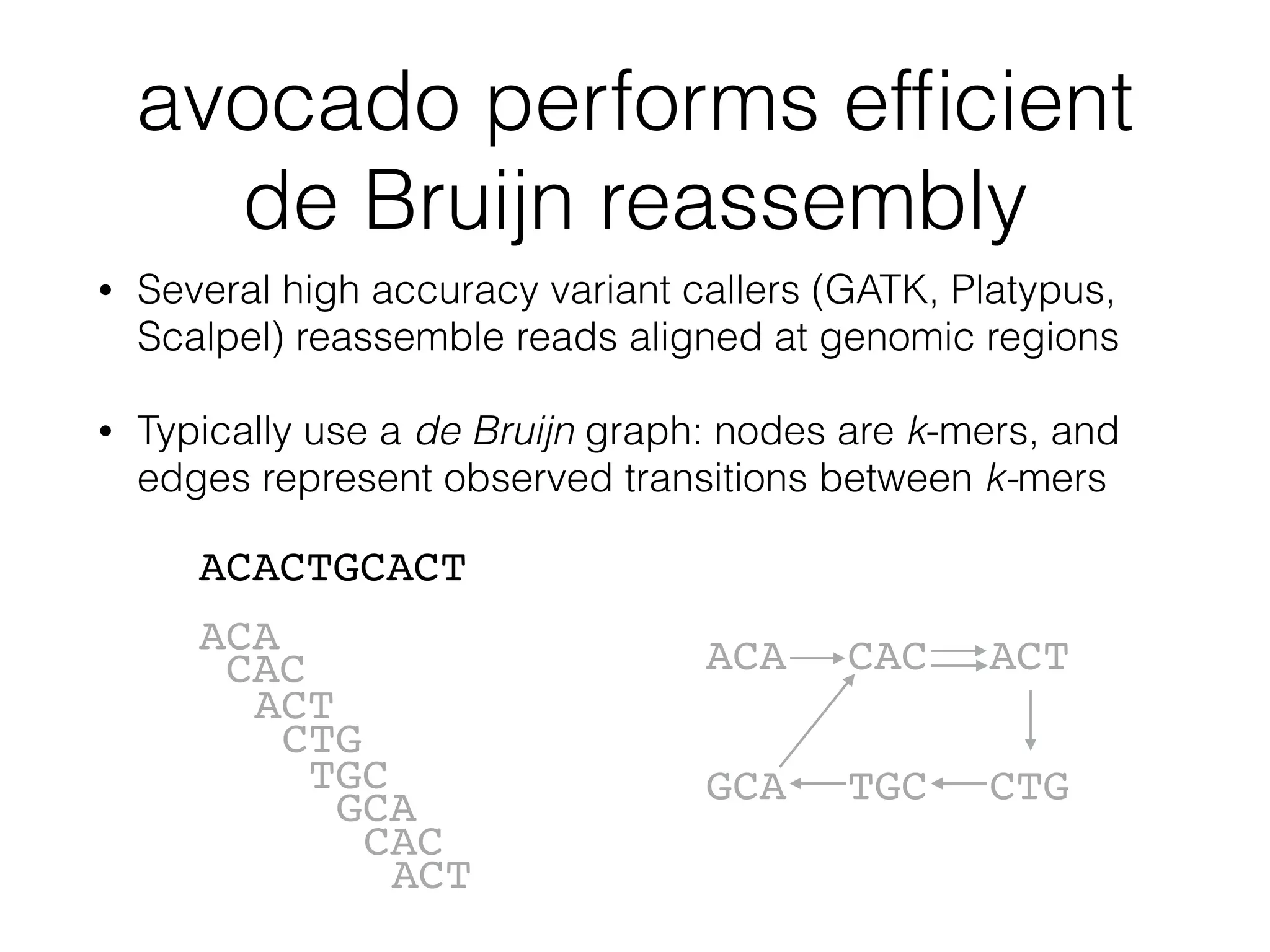 avocado performs efﬁcient
de Bruijn reassembly
ACACTGCACT
ACA
CAC
ACT
CTG
TGC
GCA
CAC
ACT
ACA CAC ACT
CTGTGCGCA
• Several high accuracy variant callers (GATK, Platypus,
Scalpel) reassemble reads aligned at genomic regions
• Typically use a de Bruijn graph: nodes are k-mers, and
edges represent observed transitions between k-mers
 