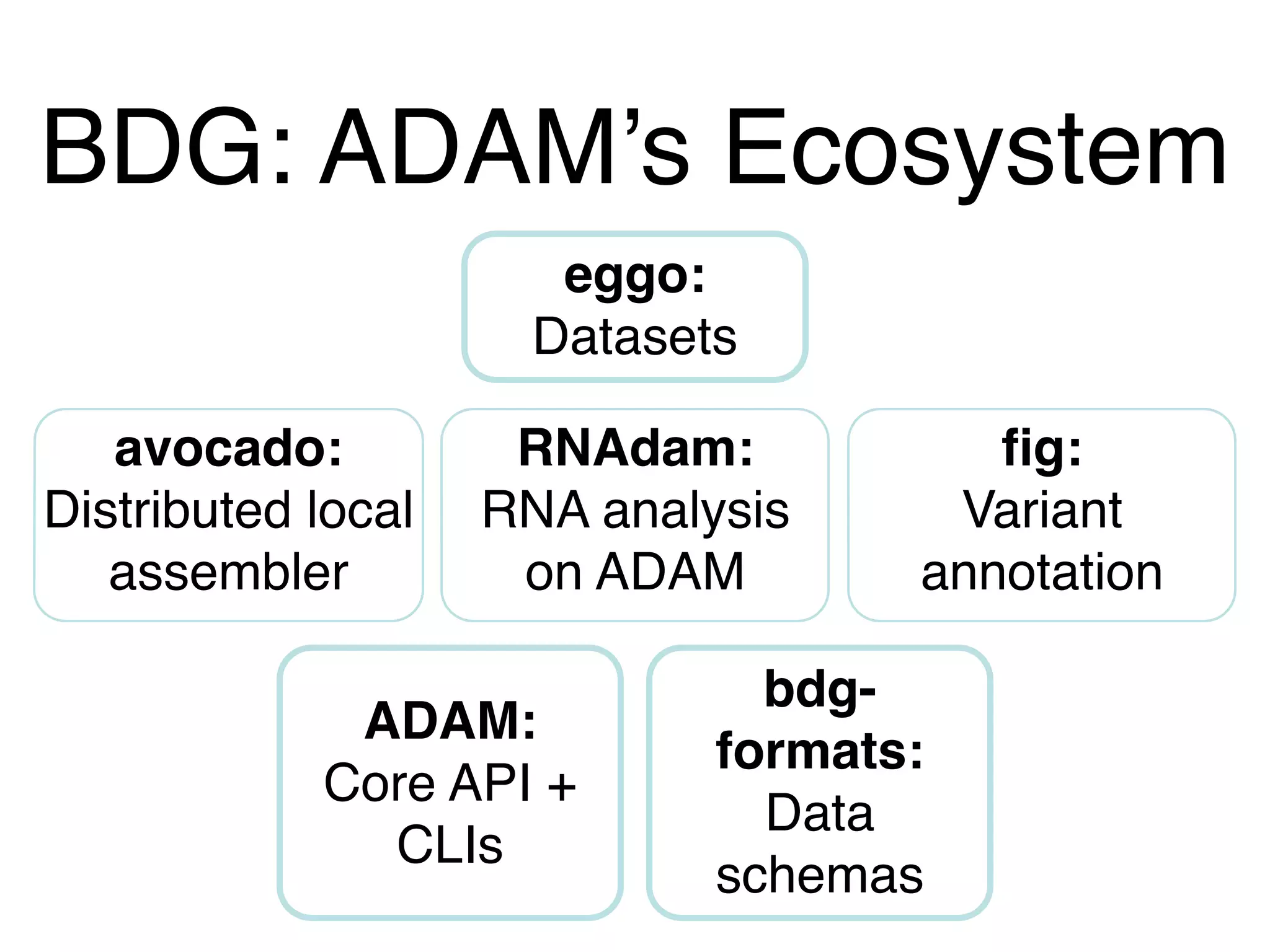 BDG: ADAM’s Ecosystem
!
ADAM:!
Core API +
CLIs
bdg-
formats:!
Data
schemas
RNAdam:!
RNA analysis
on ADAM
avocado:!
Distributed local
assembler
fig:!
Variant
annotation
eggo:!
Datasets
 