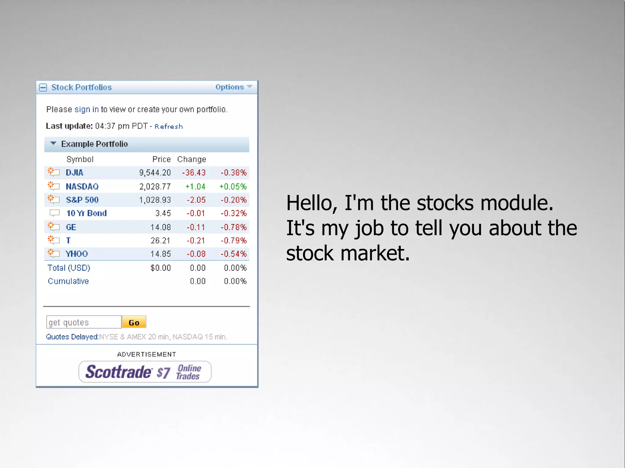 Hello, I'm the stocks module.
It's my job to tell you about the
stock market.
 