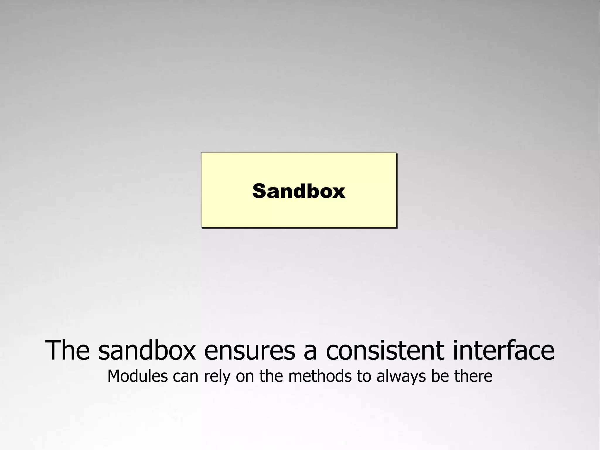 Sandbox




The sandbox ensures a consistent interface
     Modules can rely on the methods to always be there
 