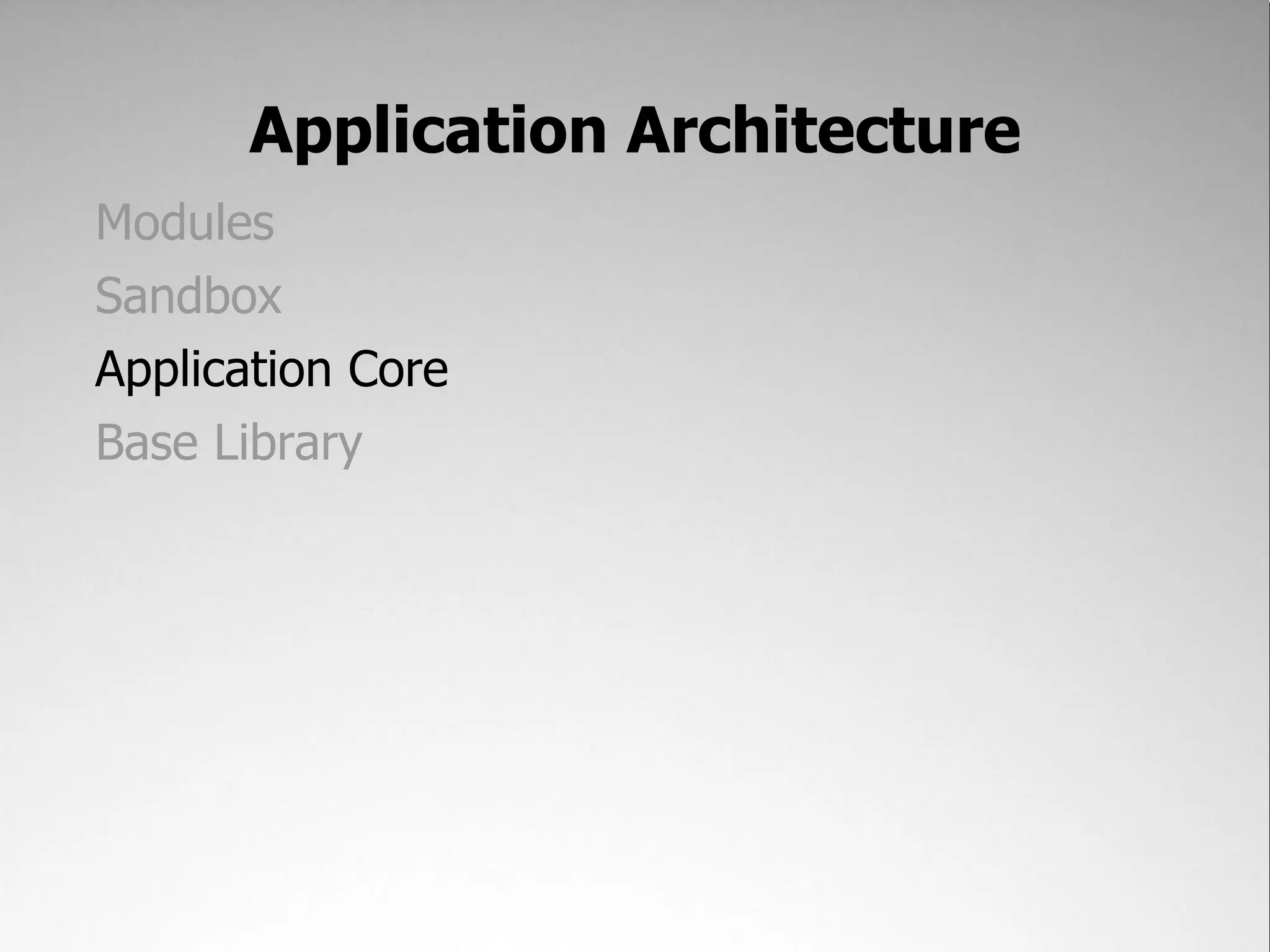 Application Architecture
Modules
Sandbox
Application Core
Base Library
 