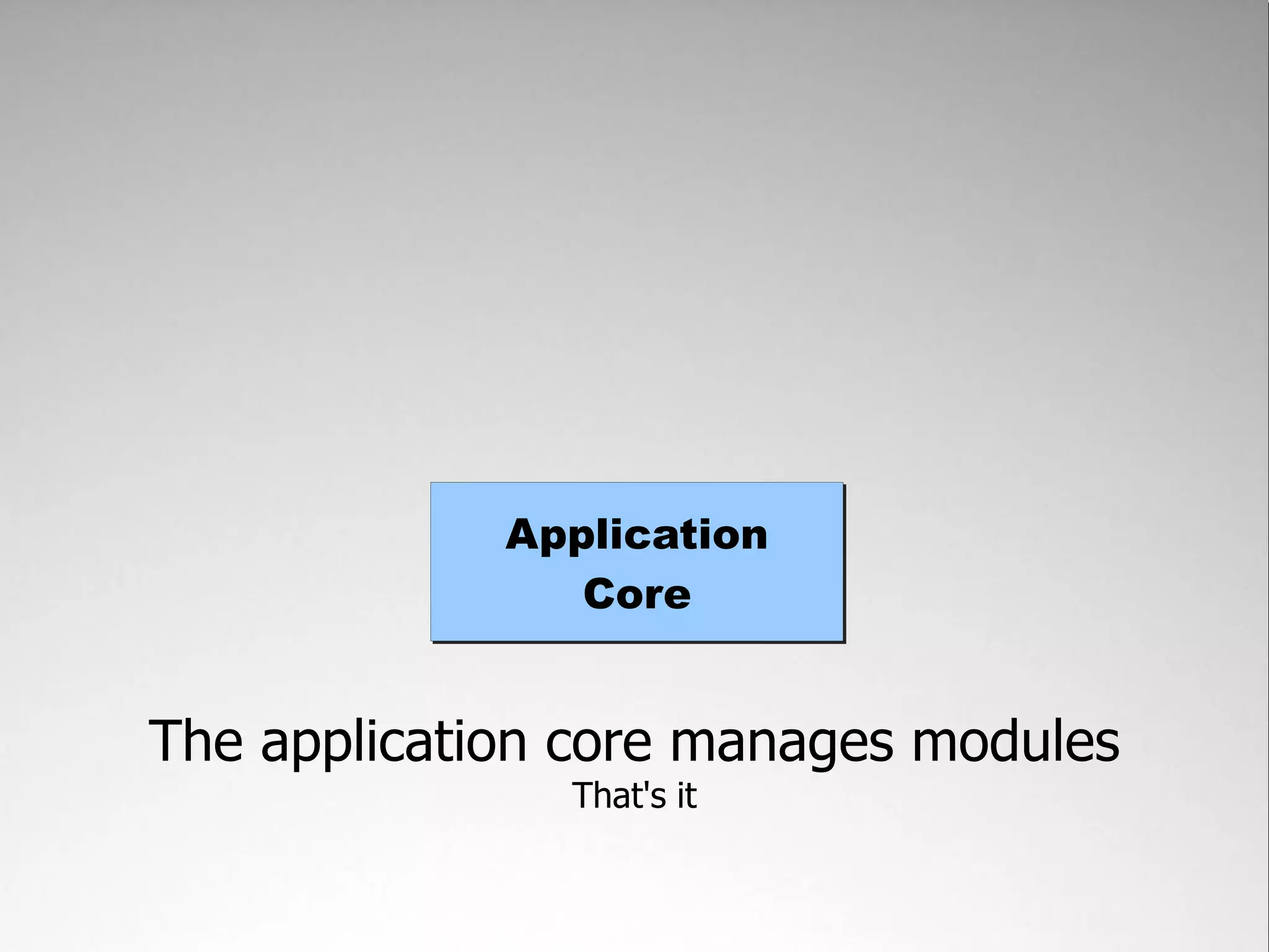 Application
                Core


The application core manages modules
               That's it
 