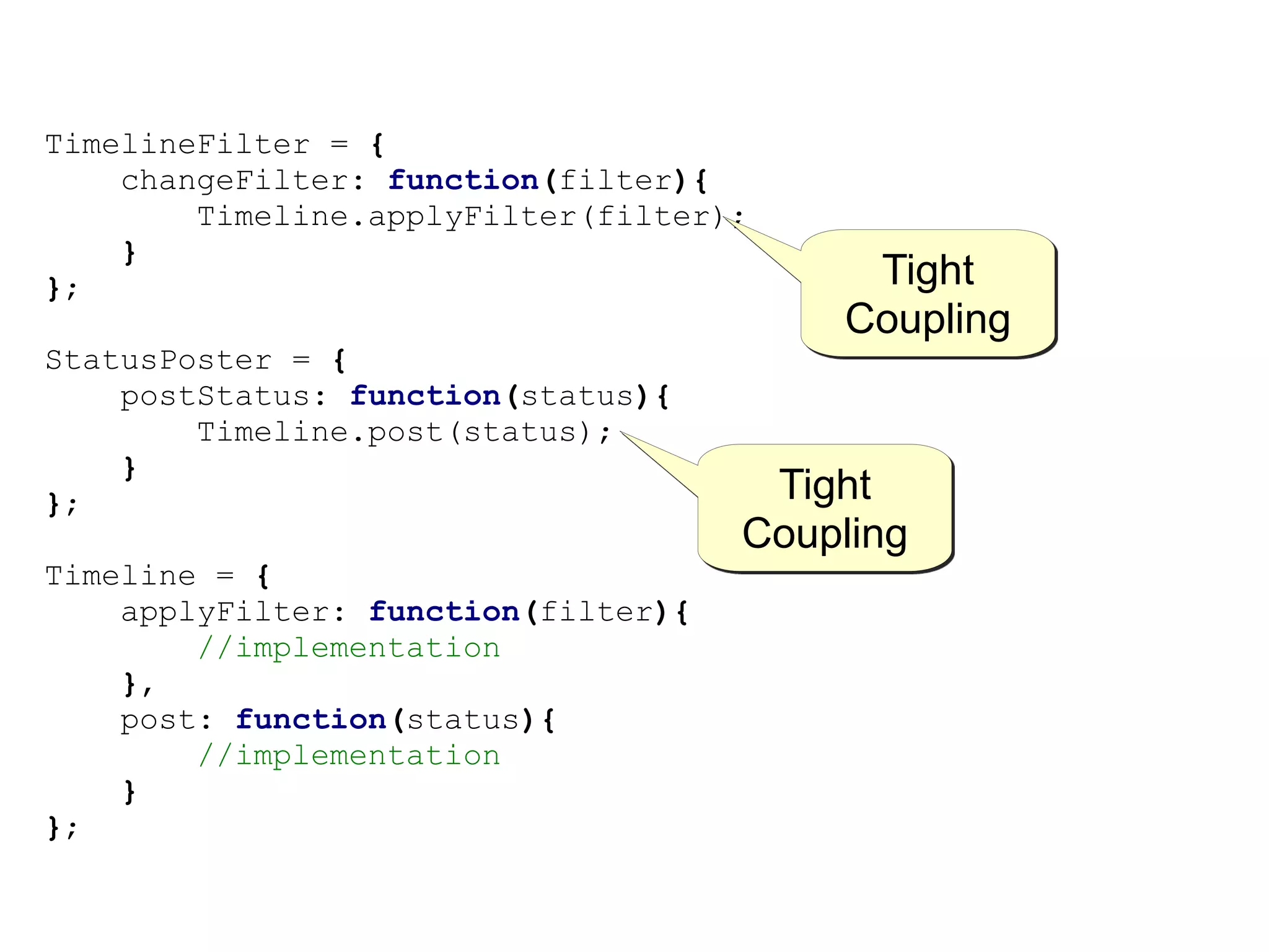 TimelineFilter = {
    changeFilter: function(filter){
        Timeline.applyFilter(filter);
    }
};                                        Tight
                                         Coupling
StatusPoster = {
    postStatus: function(status){
        Timeline.post(status);
    }
};                                    Tight
                                     Coupling
Timeline = {
    applyFilter: function(filter){
        //implementation
    },
    post: function(status){
        //implementation
    }
};
 