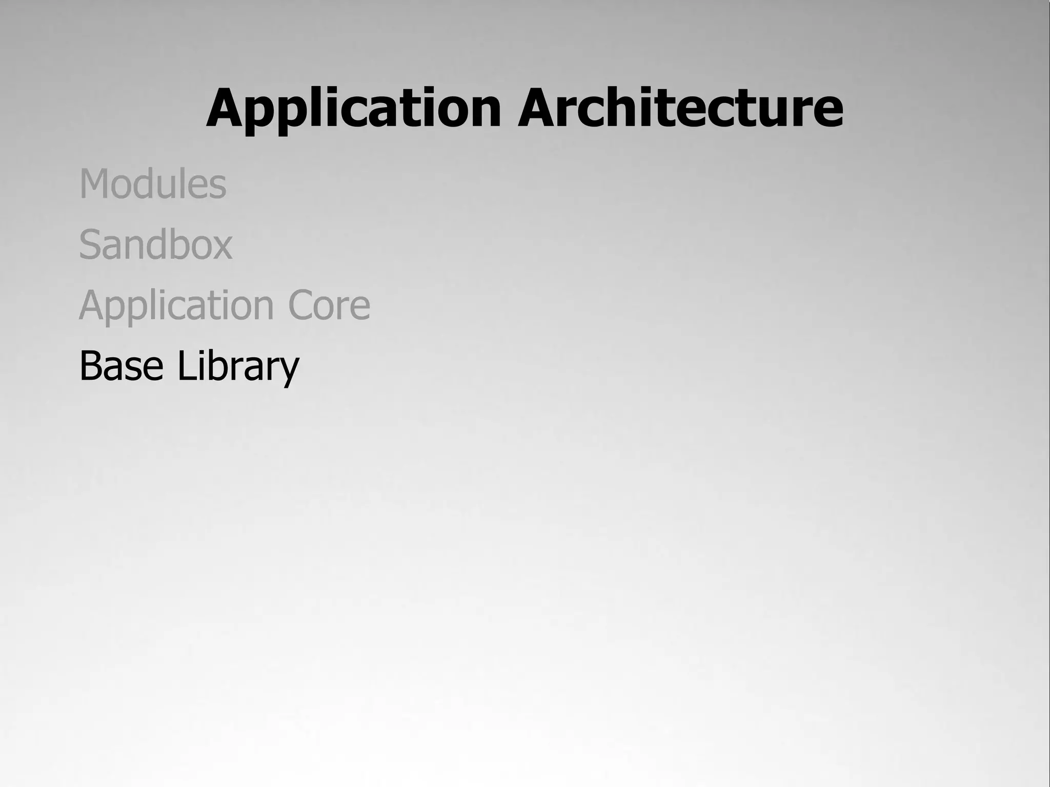 Application Architecture
Modules
Sandbox
Application Core
Base Library
 