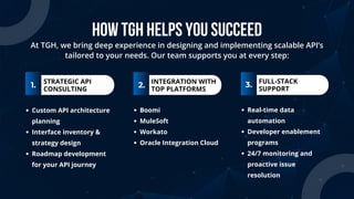 STRATEGIC API
CONSULTING
INTEGRATION WITH
TOP PLATFORMS
FULL-STACK
SUPPORT
HOW TGH HELPS YOU SUCCEED
1. 2. 3.
At TGH, we bring deep experience in designing and implementing scalable API’s
tailored to your needs. Our team supports you at every step:
Custom API architecture
planning
Interface inventory &
strategy design
Roadmap development
for your API journey
Boomi
MuleSoft
Workato
Oracle Integration Cloud
Real-time data
automation
Developer enablement
programs
24/7 monitoring and
proactive issue
resolution
 