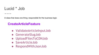 Lucid * Job
A class that does one thing; responsible for the business logic
● ValidateArticleInputJob
● GenerateSlugJob
● UploadFilesToCDNJob
● SaveArticleJob
● RespondWithJsonJob
CreateArticleFeature
 