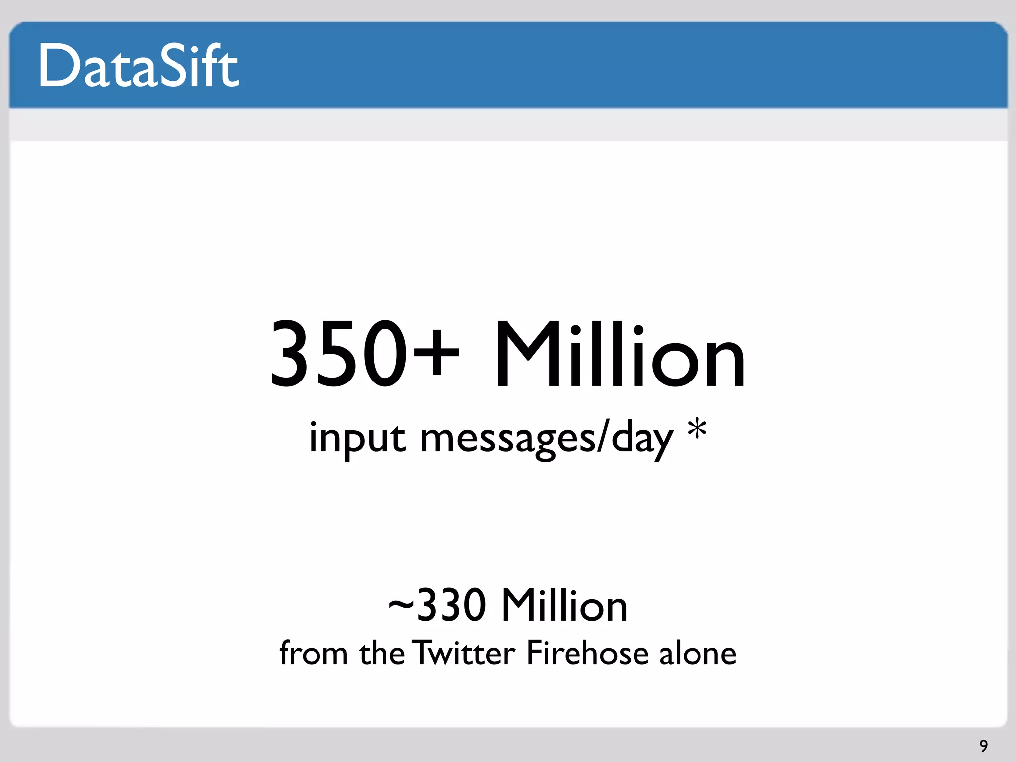 DataSift



           350+ Million
            input messages/day *


                  ~330 Million
           from the Twitter Firehose alone

                                             9
 