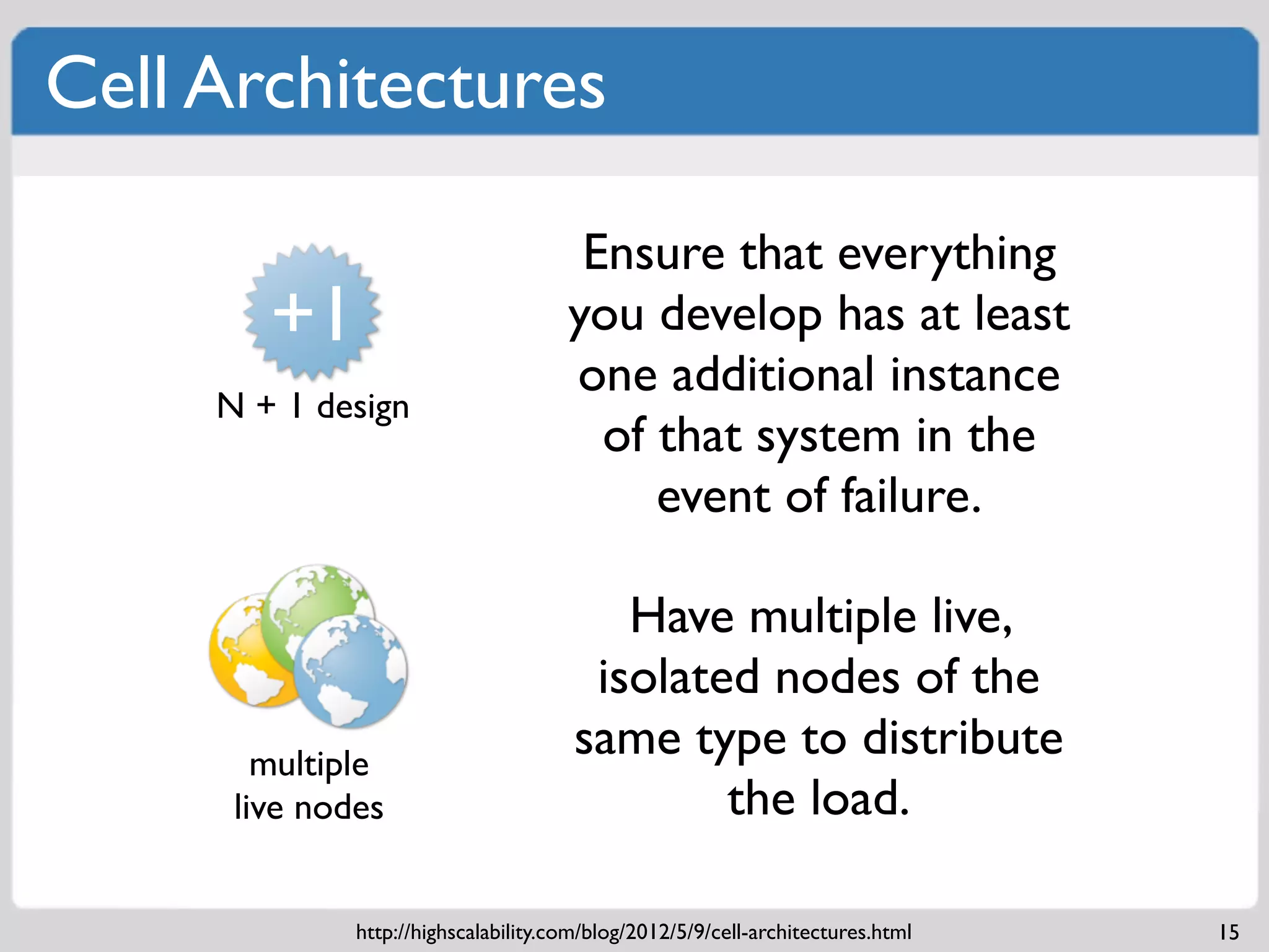 Cell Architectures

                                       Ensure that everything
        +1                            you develop has at least
                                      one additional instance
     N + 1 design
                                        of that system in the
                                           event of failure.

                                          Have multiple live,
                                        isolated nodes of the
        multiple
                                       same type to distribute
      live nodes                               the load.

              http://highscalability.com/blog/2012/5/9/cell-architectures.html   15
 