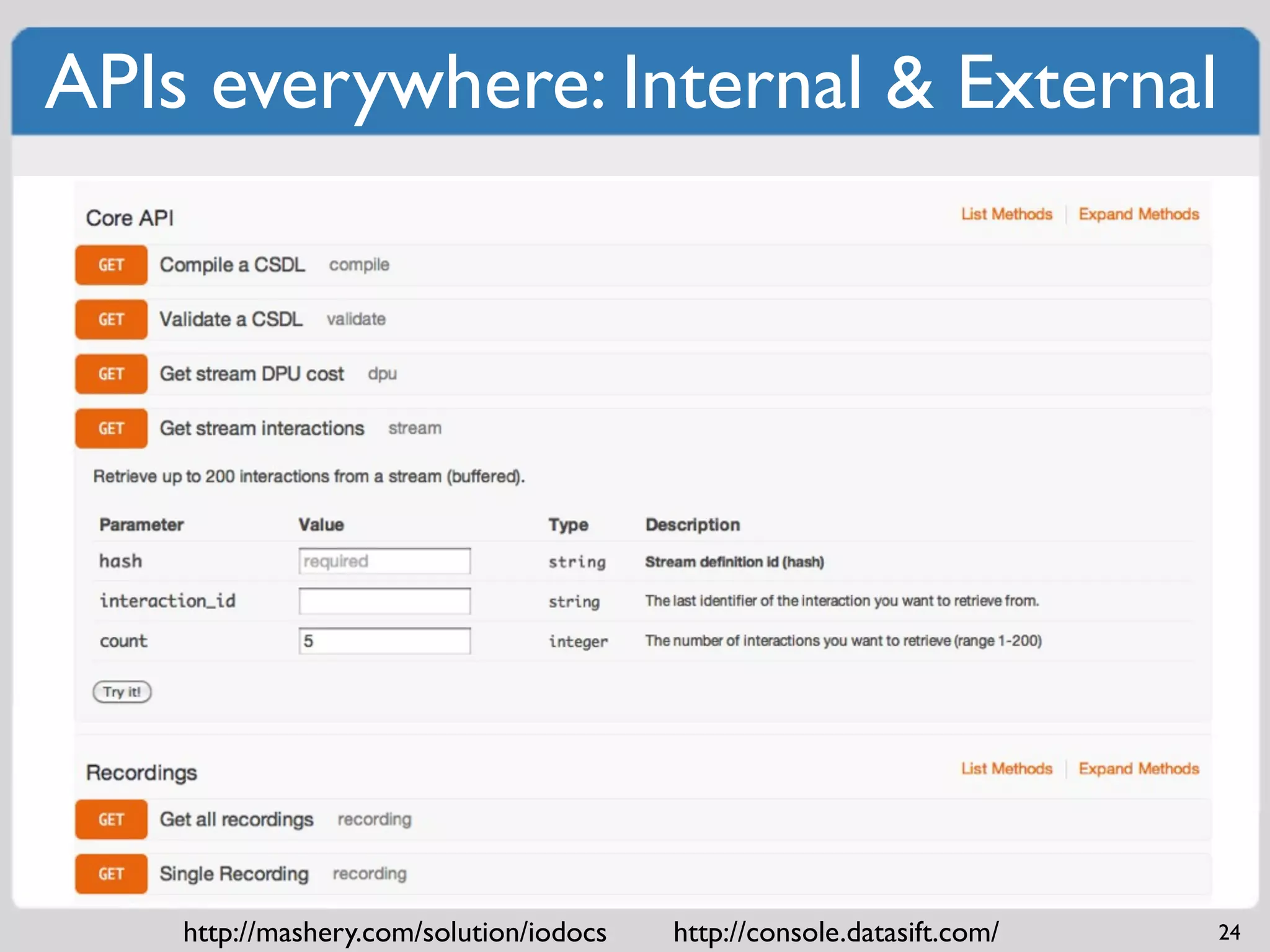 APIs everywhere: Internal & External




    http://mashery.com/solution/iodocs   http://console.datasift.com/   24
 