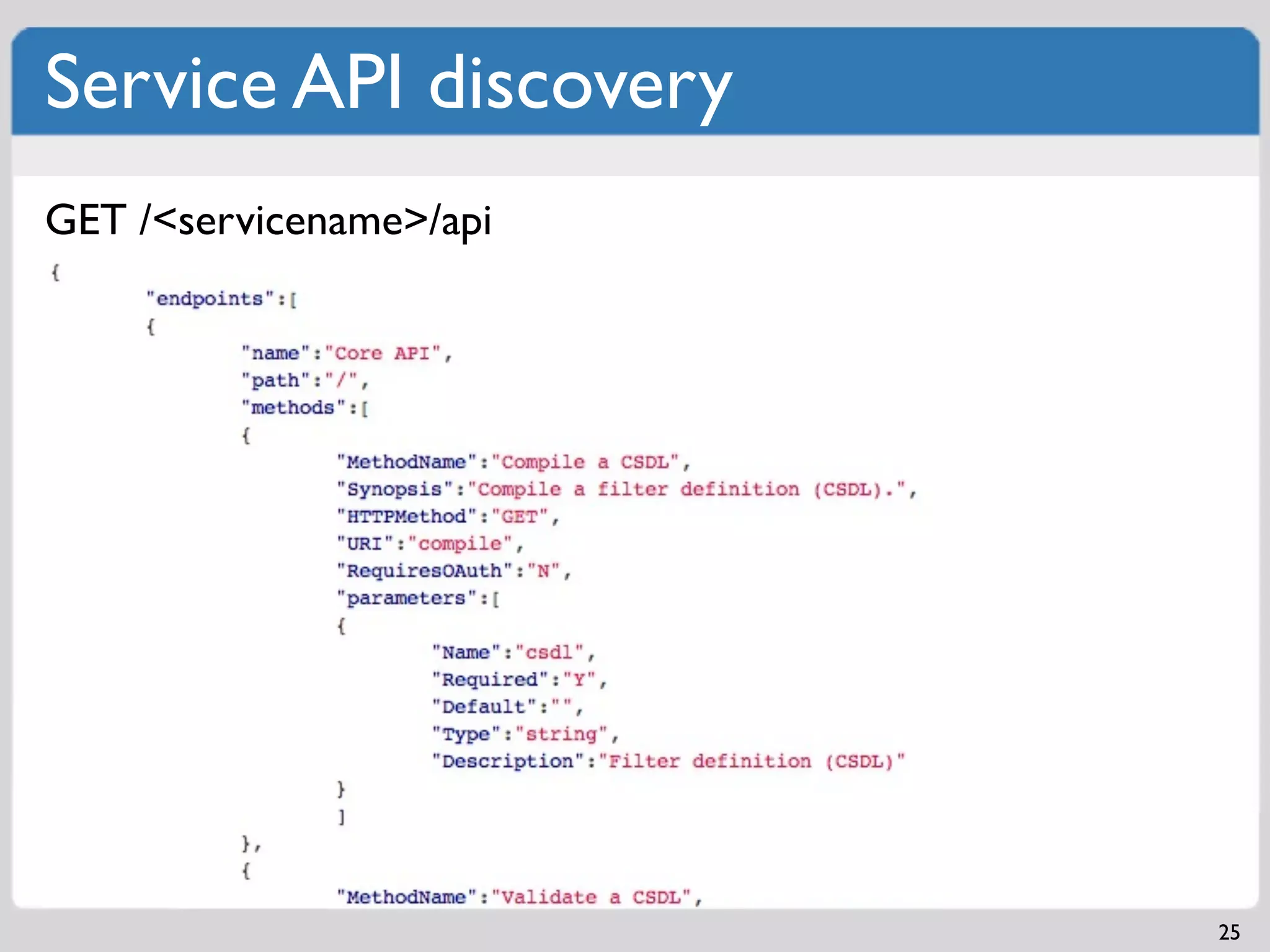 Service API discovery
GET /<servicename>/api




                         25
 