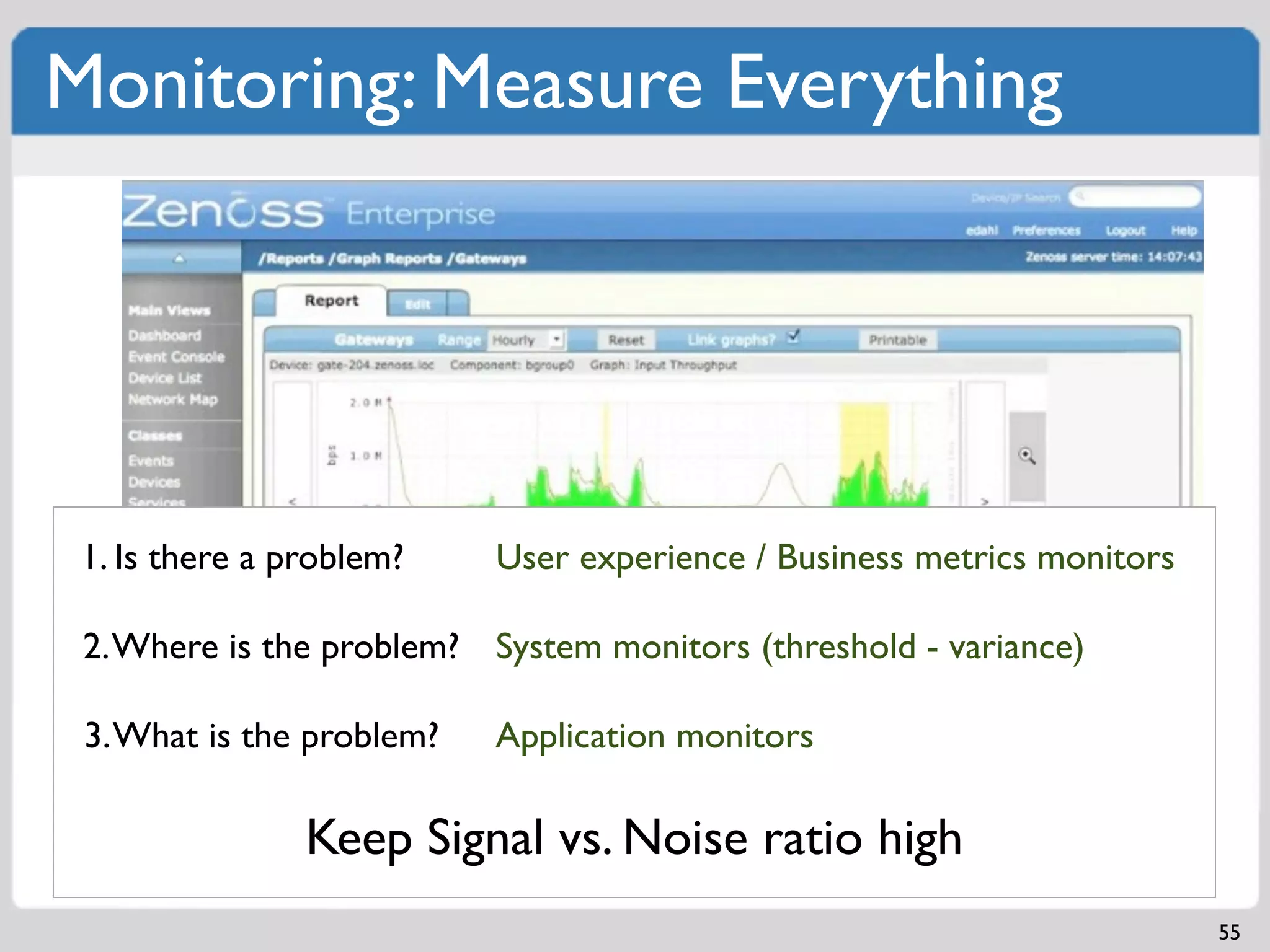 Monitoring: Measure Everything




 1. Is there a problem?    User experience / Business metrics monitors

 2. Where is the problem? System monitors (threshold - variance)

 3. What is the problem?   Application monitors

                Keep Signal vs. Noise ratio high
                                                                         55
 
