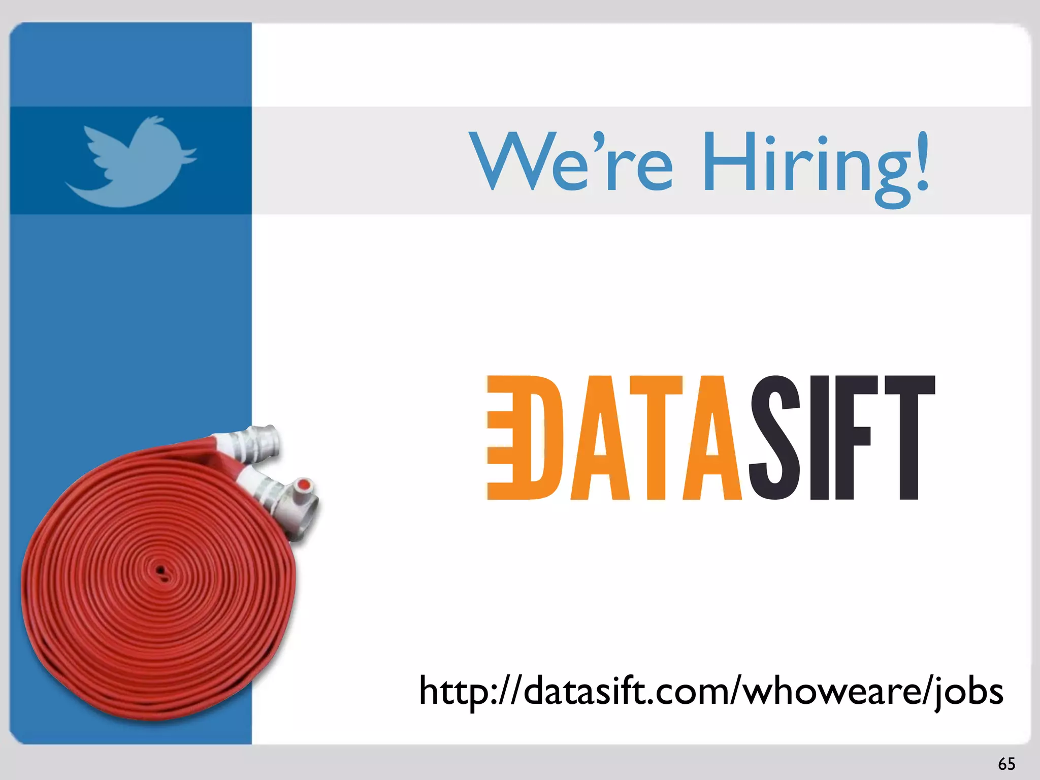 We’re Hiring!




http://datasift.com/whoweare/jobs
                                65
 