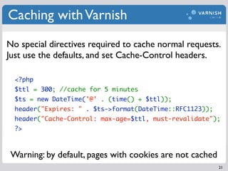 Caching with Varnish
No special directives required to cache normal requests.
Just use the defaults, and set Cache-Control...