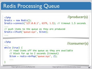 Redis Processing Queue
<?php                                                              //producer(s)
$redis = new Redis...