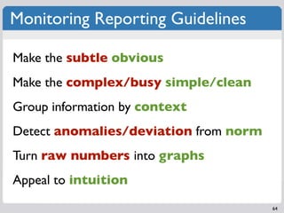Monitoring Reporting Guidelines

Make the subtle obvious
Make the complex/busy simple/clean
Group information by context
D...