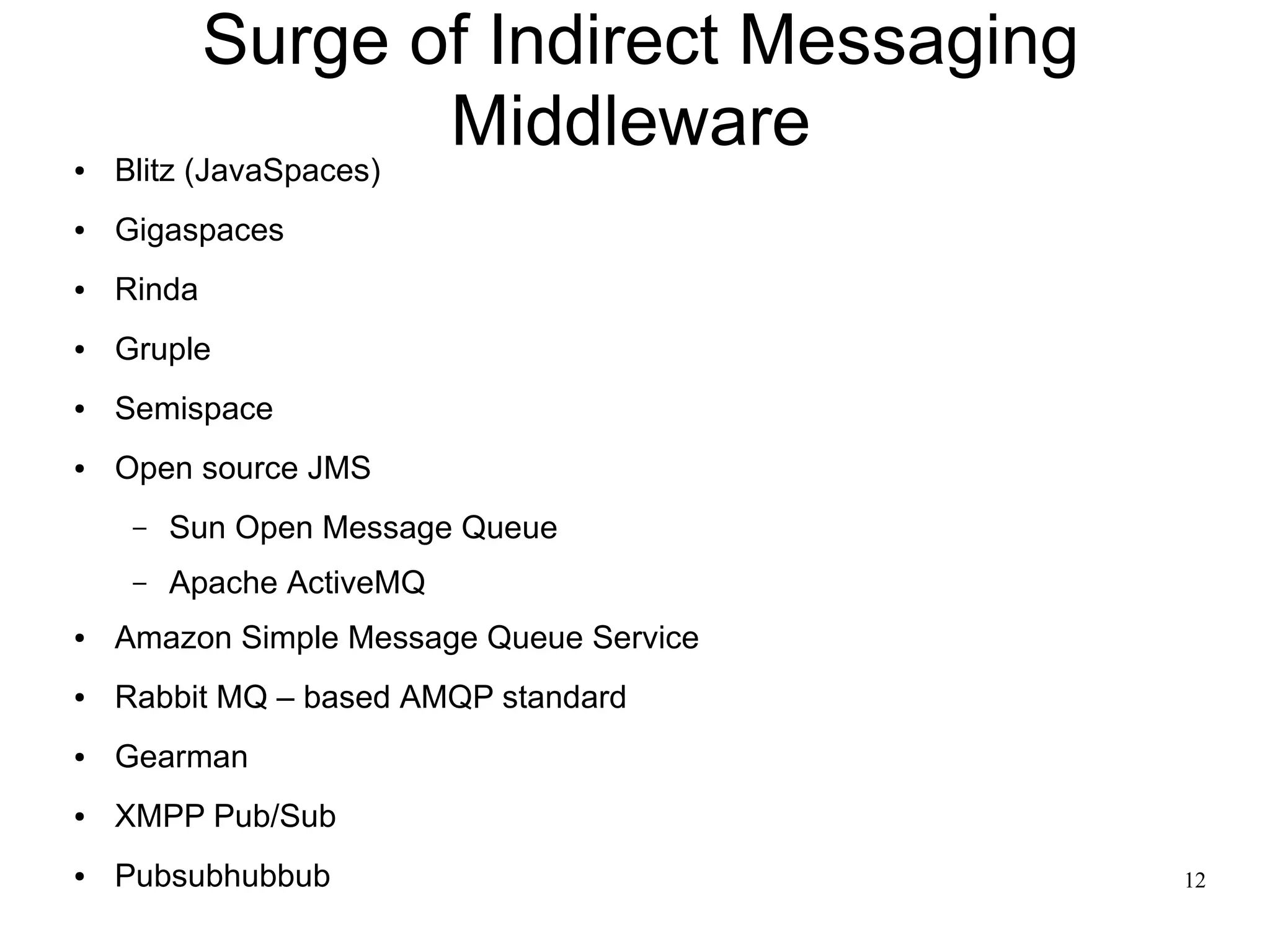 Surge of Indirect Messaging
                   Middleware
●   Blitz (JavaSpaces)
●   Gigaspaces
●   Rinda
●   Gruple
●   Semispace
●   Open source JMS
     –   Sun Open Message Queue
     –   Apache ActiveMQ
●   Amazon Simple Message Queue Service
●   Rabbit MQ – based AMQP standard
●   Gearman
●   XMPP Pub/Sub
●   Pubsubhubbub                          12
 