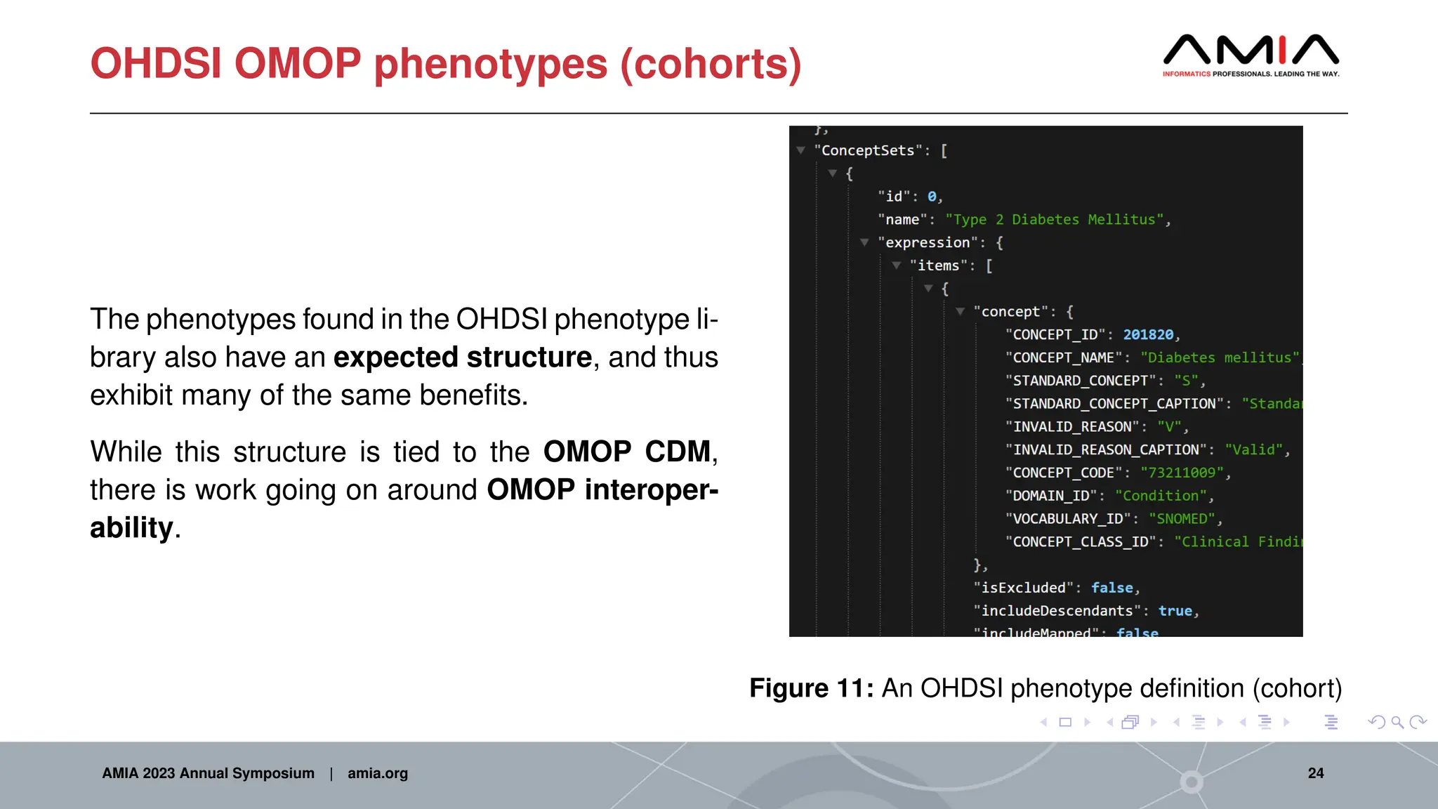 OHDSI OMOP phenotypes (cohorts)
The phenotypes found in the OHDSI phenotype li-
brary also have an expected structure, and thus
exhibit many of the same benefits.
While this structure is tied to the OMOP CDM,
there is work going on around OMOP interoper-
ability.
Figure 11: An OHDSI phenotype definition (cohort)
AMIA 2023 Annual Symposium | amia.org 24
 