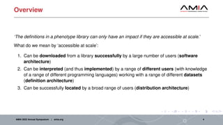 Overview
‘The definitions in a phenotype library can only have an impact if they are accessible at scale.’
What do we mean by ‘accessible at scale’:
1. Can be downloaded from a library successfully by a large number of users (software
architecture)
2. Can be interpreted (and thus implemented) by a range of different users (with knowledge
of a range of different programming languages) working with a range of different datasets
(definition architecture)
3. Can be successfully located by a broad range of users (distribution architecture)
AMIA 2023 Annual Symposium | amia.org 4
 