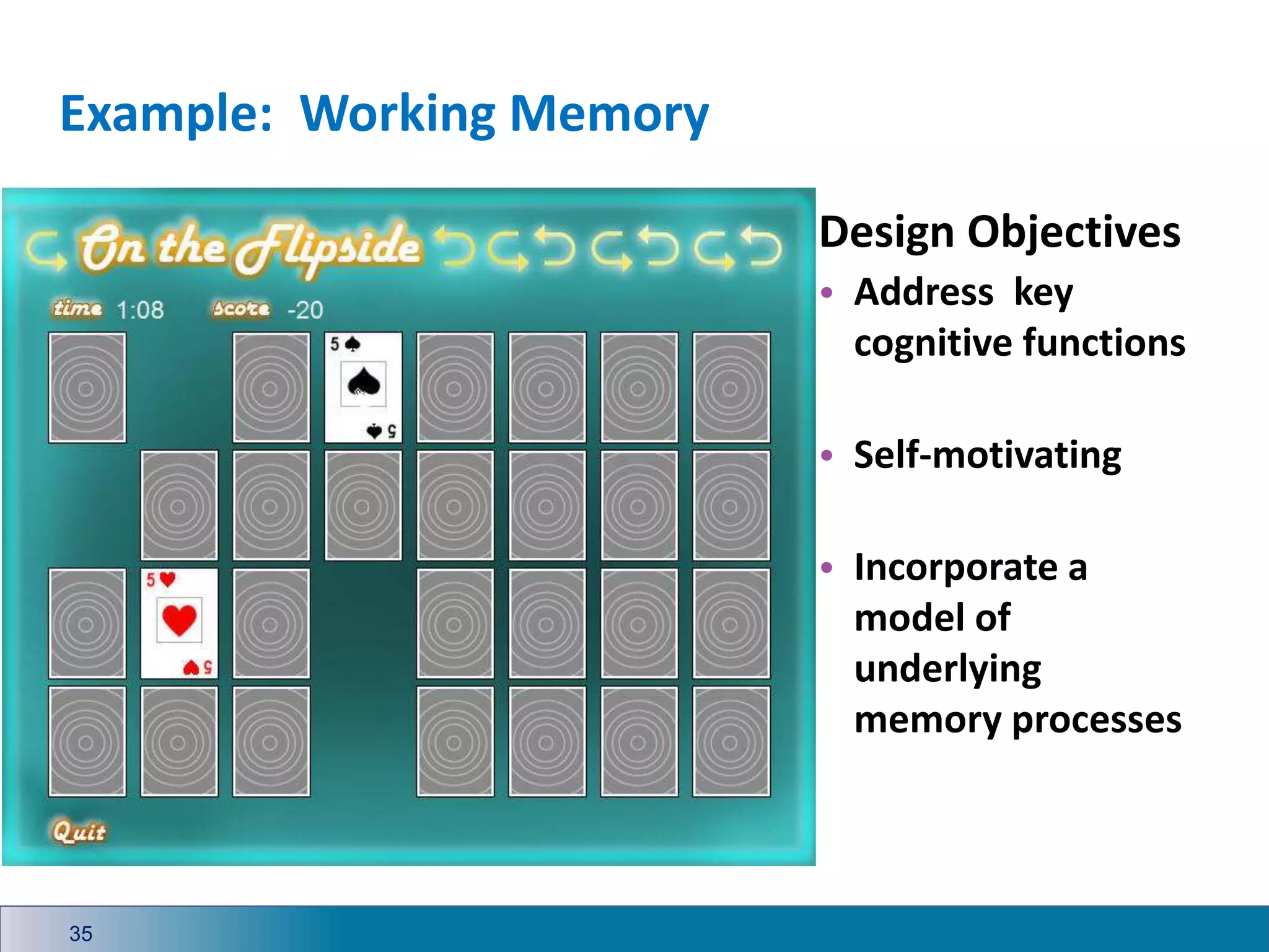 Example: Working Memory
35
Design Objectives
• Address key
cognitive functions
• Self-motivating
• Incorporate a
model of
underlying
memory processes
 