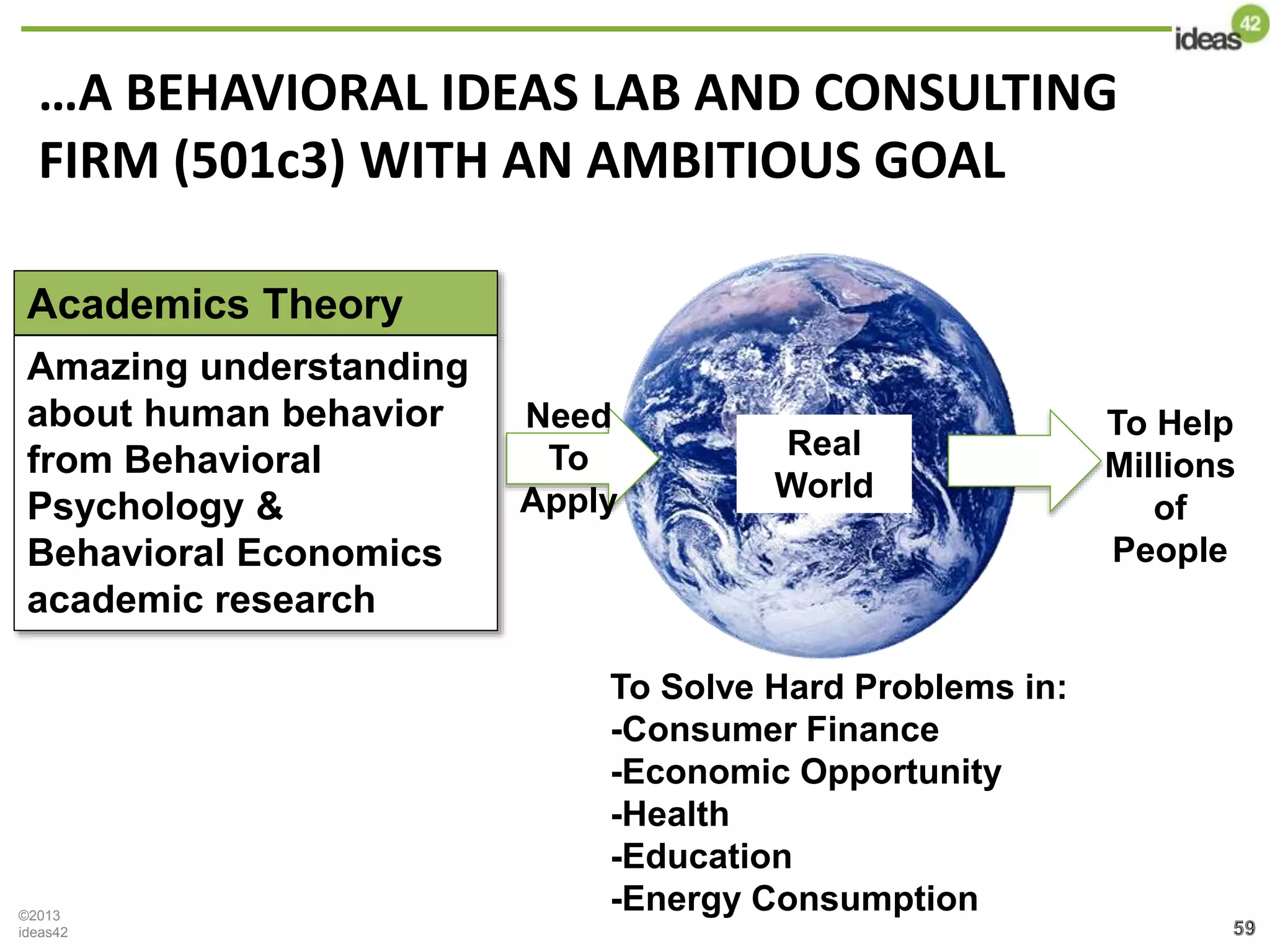 59
…A BEHAVIORAL IDEAS LAB AND CONSULTING
FIRM (501c3) WITH AN AMBITIOUS GOAL
©2013
ideas42 59
Academics Theory
Amazing understanding
about human behavior
from Behavioral
Psychology &
Behavioral Economics
academic research
Need
To
Apply
Real
World
To Solve Hard Problems in:
-Consumer Finance
-Economic Opportunity
-Health
-Education
-Energy Consumption
To Help
Millions
of
People
 