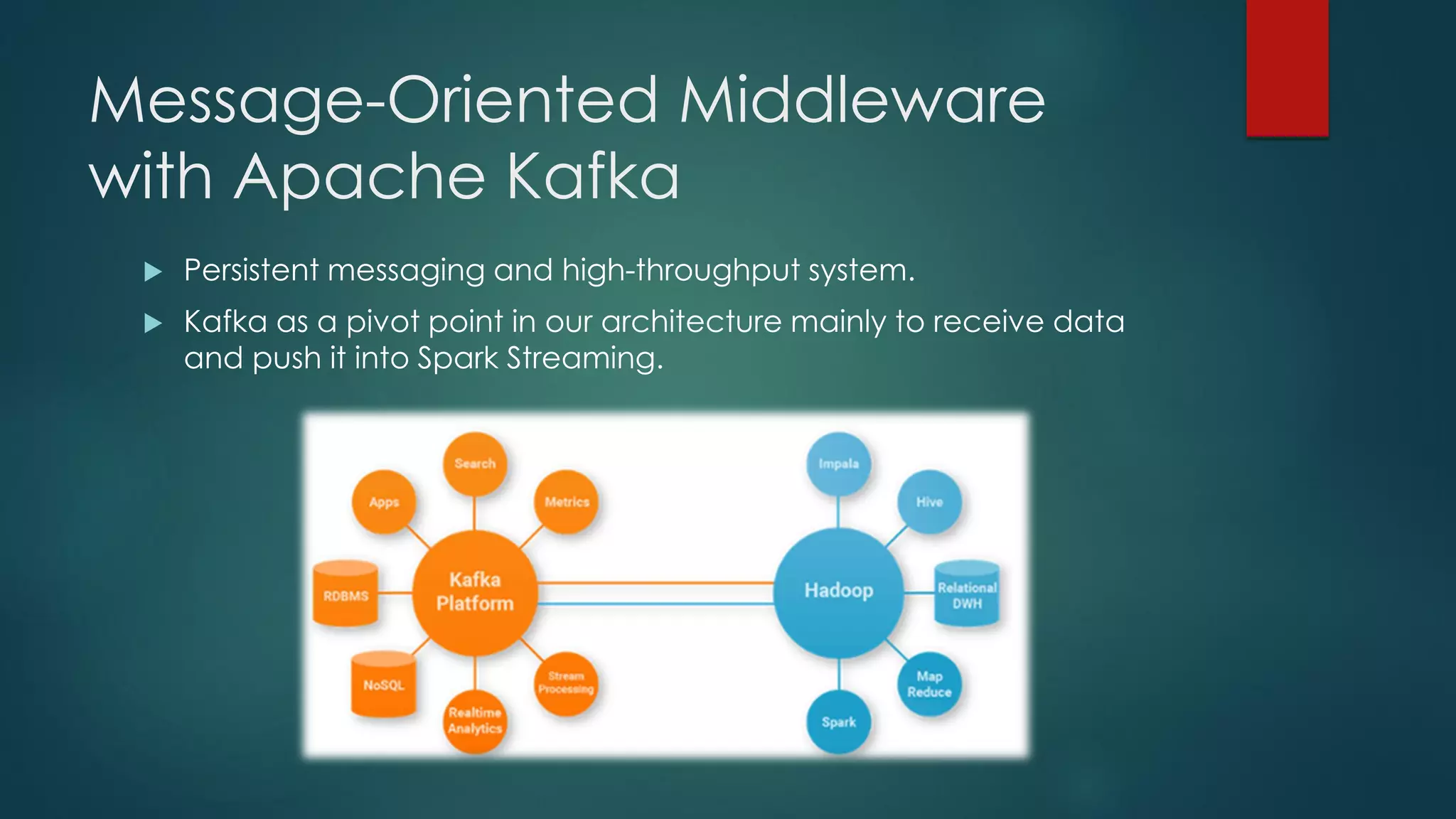 Message-Oriented Middleware
with Apache Kafka
 Persistent messaging and high-throughput system.
 Kafka as a pivot point in our architecture mainly to receive data
and push it into Spark Streaming.
 